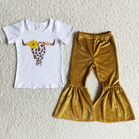 Clearance Girl Cow Head Golden Velvet Pant Outfit