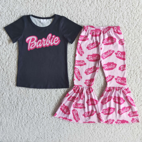 Girl Black Letter Print Shirt Pink Pant Outfit