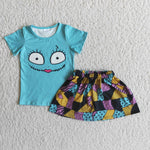 Girl Blue Cartoon Patchwork Skirt Outfit