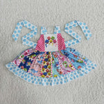 Girl Blue Screen Print Sleeveless Patchwork Twirl Dress