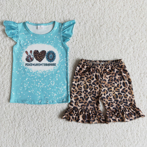 Clearance Peace Love Turquoise Girl Leopard Shorts Outfit