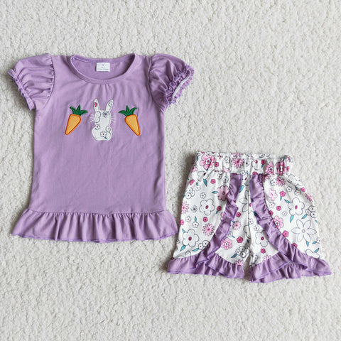E6-20 Girl Embroidery Carrots Bunny Short Sleeve Floral Shorts Outfit-promotion 2024.2.5