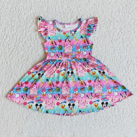 Aa-12 Girl Rainbow Cartoon Flutter Sleeve Twirl Dress-promotion 2024.1.20