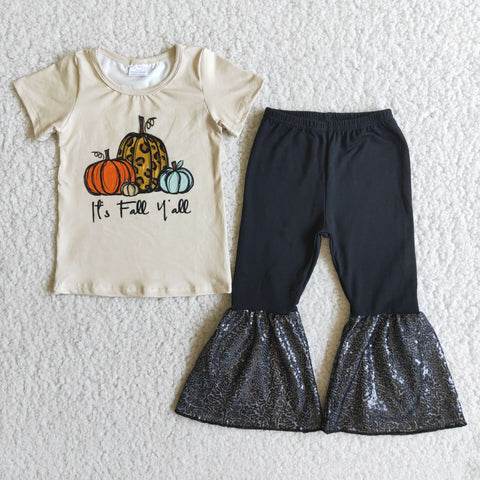 Girl Pumpkin Sequin Bell Bottom Outfit