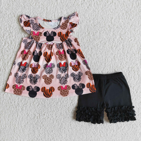 Girl Cartoon Fultter Sleeve Black Shorts Outfit