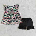 Girl Cows Floral Short Sleeve Black Shorts Outfit-promotion 2024.3.30