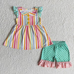 A15-9 Girl Colorful Striped Flutter Sleeve Green Dot Shorts Outfit-promotion 2024.2.24