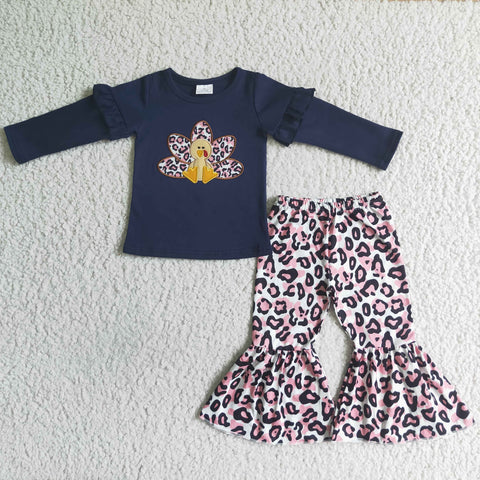 Thanksgiving Day Navy Turkey Embroidery Long Sleeve Leopard Pants Girls Clothing Outfit