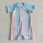 Colorful Stripe Short Sleeve Shirt Zipper Baby Boy Jumpsuit