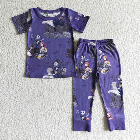 Boys Clothing Purple Zombie Print Short Sleeve Pajamas Outfit