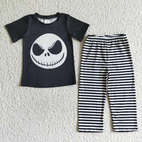 Black Skull Smile Short Sleeve Shirt Stripe Pants Boy Clothing Outfit