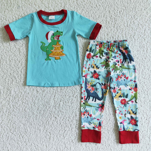 Christmas Boys Embroidery Dinosaur Blue Clothing Short Sleeve Long Pants Outfit