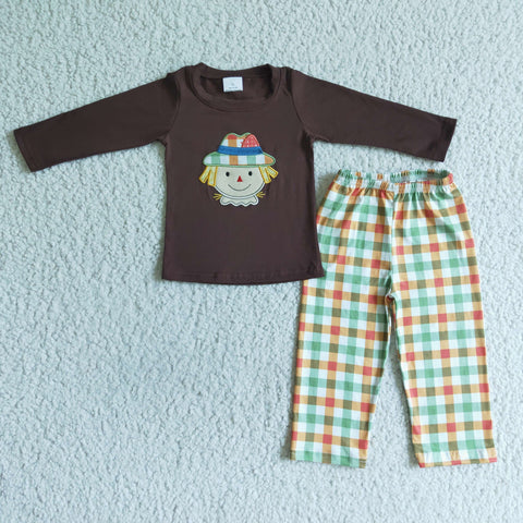 Boy Clothes scarecrow Embroidery Brown Long Sleeve Long Plaid Pants Outfit