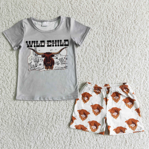 BSSO0004 Wild Child Shirt Cow Print Shorts Boy Summer Clothing Outfit-promotion 2024.4.20