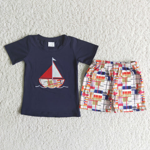 Boy Embroidery Sailboat Plaid Short Outfit