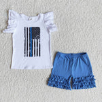 A7-12 10 Girl Flag Flutter Sleeve Blue Ruffles Shorts Outfit-promotion 2024.3.2