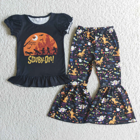 Girl Cartoon Short Sleeve Print Bell Bottom Outfit