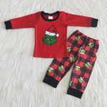 Boy Embroidery Green Monster Red Plaid Pajamas Outfit