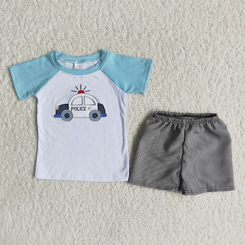 Boy Embroidery Police Plaid Shorts Outfit