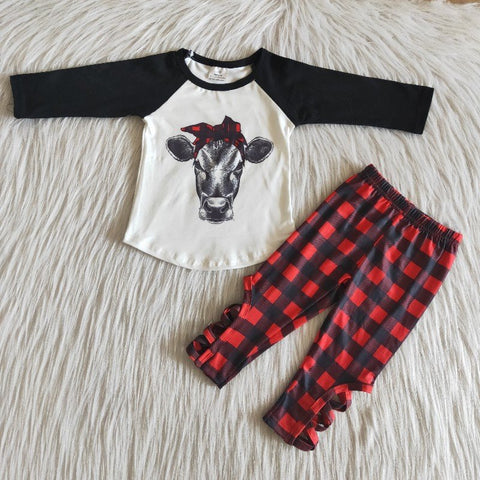 Girl Cow Head Red Plaid Outfit