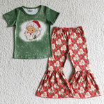 Christmas Girl Santa Print Green Bleached Short Sleeve Shirt Red Bell Bottom Girls Outfits