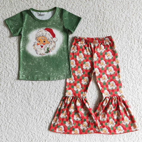 Christmas Girl Santa Print Green Bleached Short Sleeve Shirt Red Bell Bottom Girls Outfits