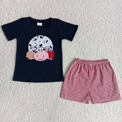 Boy Embroidery Cow Red Plaid Shorts Outfit