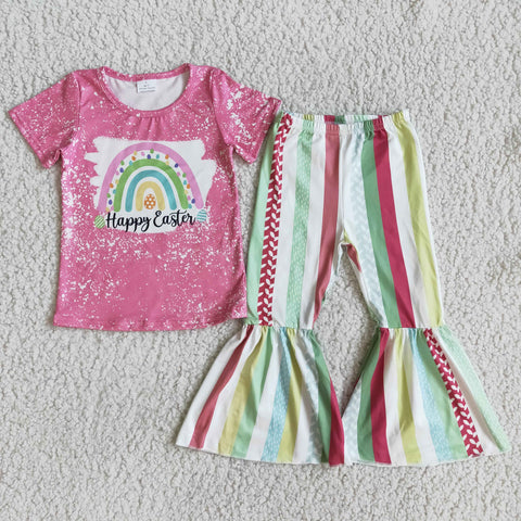 D5-19 Girl Happy Easter Rainbow Shirt Striped Bell Bottom Outfit-promotion 2024.1.27