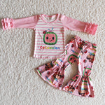 Clearance Girl Pink Cartoon Striped Outfit