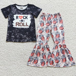 E2-30 Girl Rock & Roll Short Sleeve Print Bell Bottom Outfit-promotion 2024.8.3