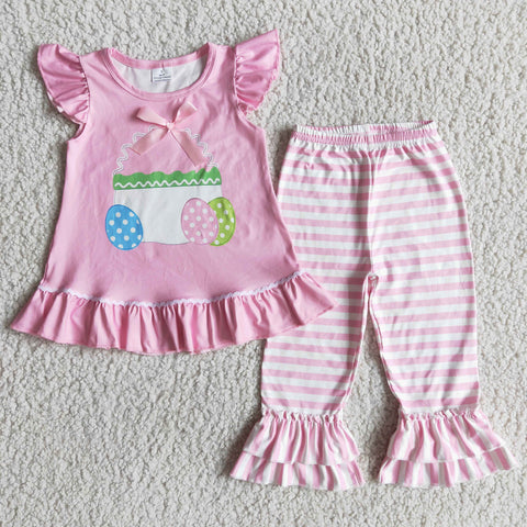 Girl Pink Eggs Short Sleeve Striped Pant Outfit