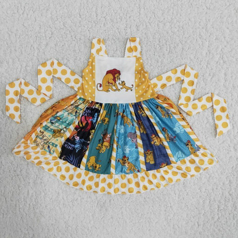 Girl Yellow Screen Print Sleeveless Patchwork Twirl Dress