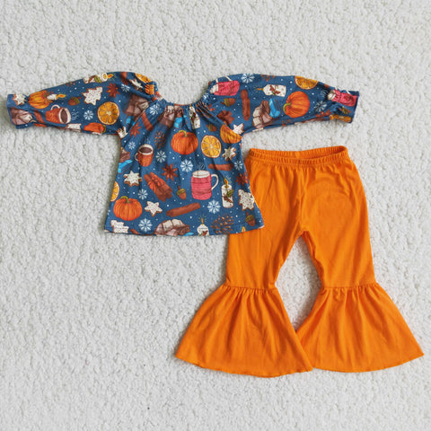 Clearance Girl Pumpkin Soild Bell Bottom Outfit