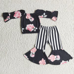 Girl Floral White & Black Striped Outfit