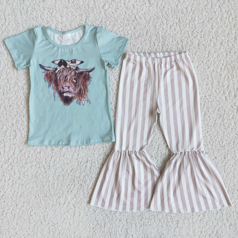 D2-20 Girl Cow Head Short Sleeve Grey Striped Pant Outfit-promotion 2024.1.6