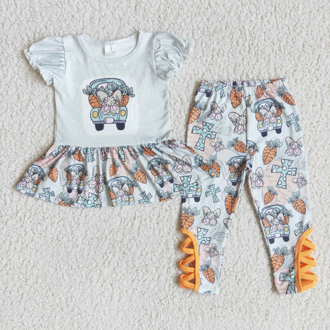 D1-3 Girl Carrot Car Short Sleeve Bunny Print Pant Outfit-promotion 2024.1.27