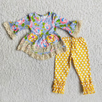Girl Floral Pocket Yellow Dot Outfit