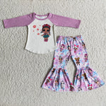Clearance Girl Purple Cartoon Bell Bottom Outfit