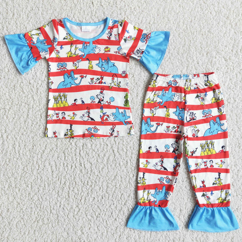 Girl Cartoon Striped Print Short Sleeve Pajamas Outfit