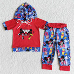 Girl Red & Blue Short Sleeve Hoodie Cartoon Pant Outfit