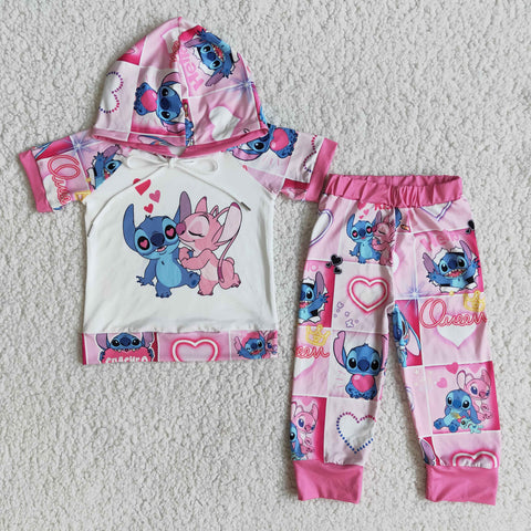 Girl Pink Love Short Sleeve Hoodie Patchwork Pant Outfit