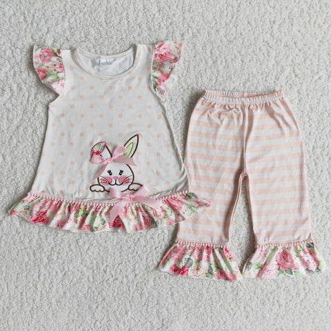 E6-18 Girl Embroidery Bunny Short Sleeve Striped Pant Outfit-promotion 2024.1.27