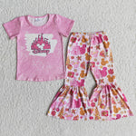 Girl Pink Bleached Short Sleeve Cartoon Pant Outfit