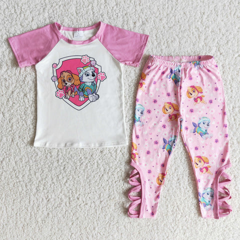 Girl Pink Paw Short Sleeve Cartoon Pant Outfit