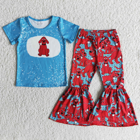 E5-16 Girl Blue Bleached Short Sleeve Red Dog Pant Outfit-promotion 2024.2.5