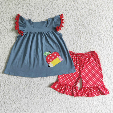 Back To School Apple Pencil Embroidery Shorts Outfit