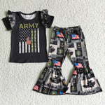 Clearance Army Cool Girl Black Short Sleeve Bell Bottom Outfit