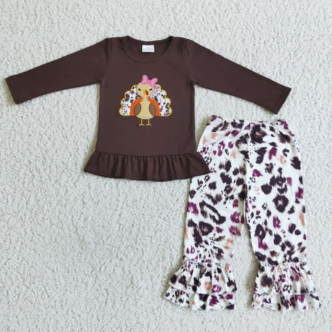 Thanksgiving Day Turkey Embroidery Brown Long Sleeve Shirt Stripe Pants Girls Outfit