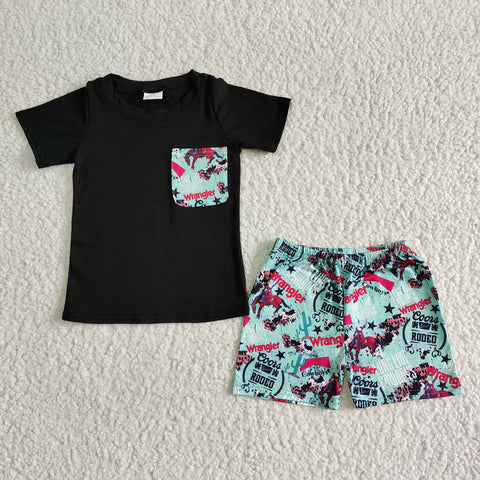 Summer Baby Boy Black Short Sleeve Letter Cactus Pocket Green Shorts Outfit-promotion 2024.3.30