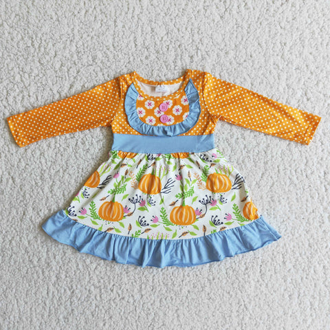 Clearance Girl Pumpkin Polka Dot Long Sleeve Dress